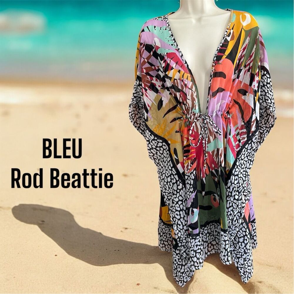 BLEU Rod Beattie Island Life Women's Tropical Chiffon Caftan Cover-Up Waist Tie